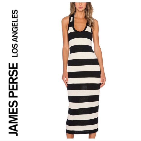 JAMES PERSE BAR STRIPE MIDI TANK DRESS IN NATURAL AND BLACK MEDIUM LARGE - Picture 1 of 12